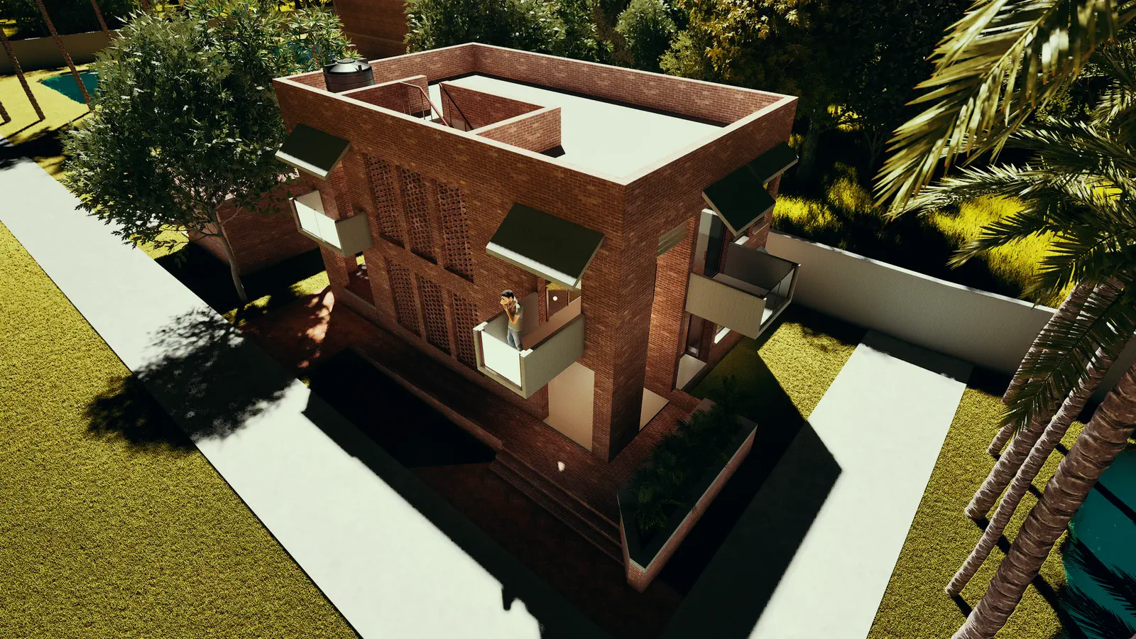 Bird's eye view of the atelier: compact rectangular plan within the compound, flat roof with rooftop elements, garden on all sides