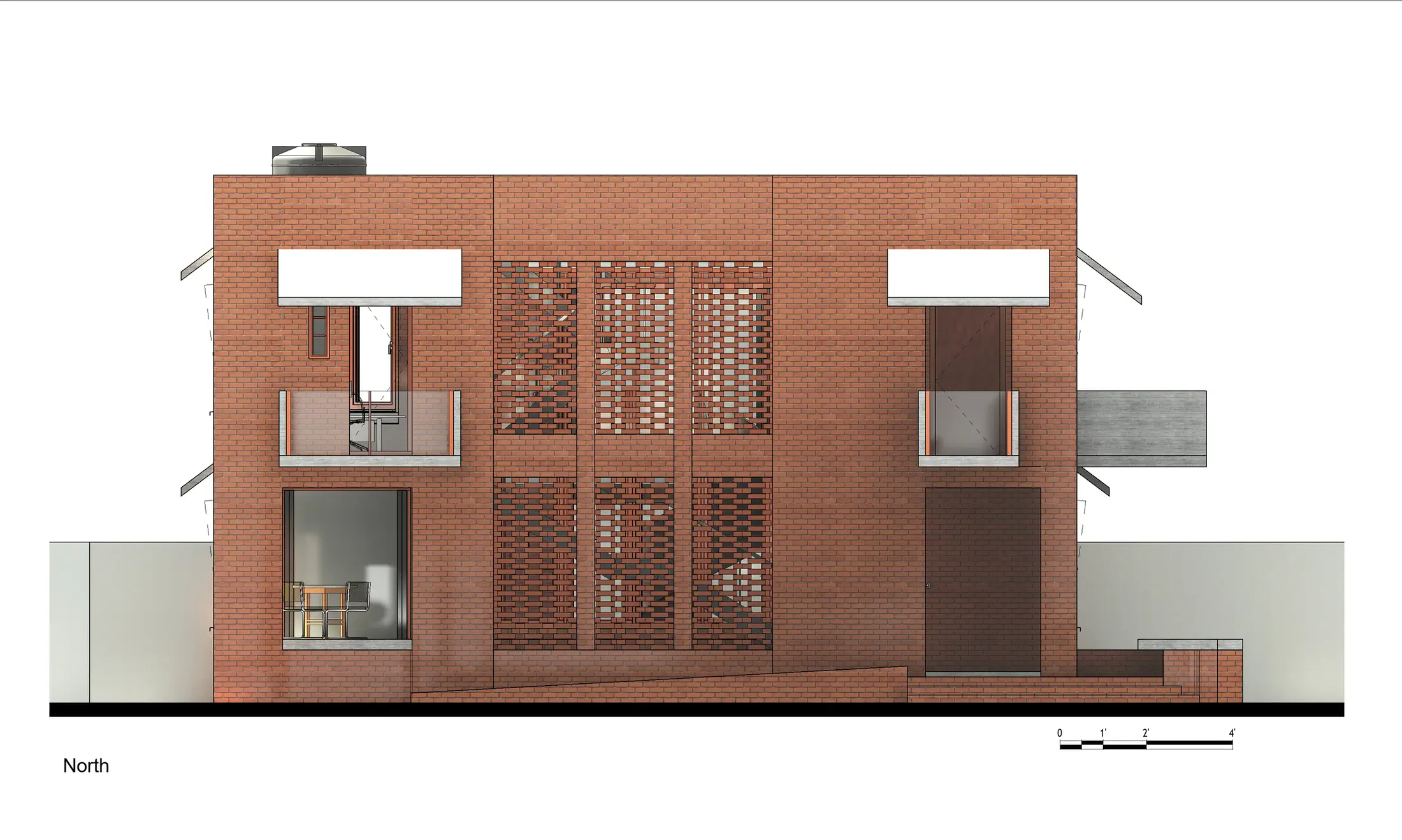 North elevation: primary facade with large jali screen panels dominating the centre, solid brick flanking walls, cantilevered shade canopies at both levels, entry steps at base