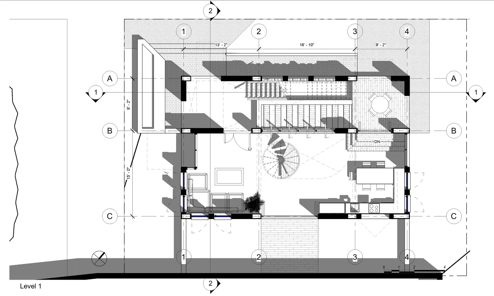 Level 1 plan: living and seating area to the south-west, kitchen and dining to the south-east, helical spiral stair at centre, straight jali corridor stair at the rear, brick walls throughout