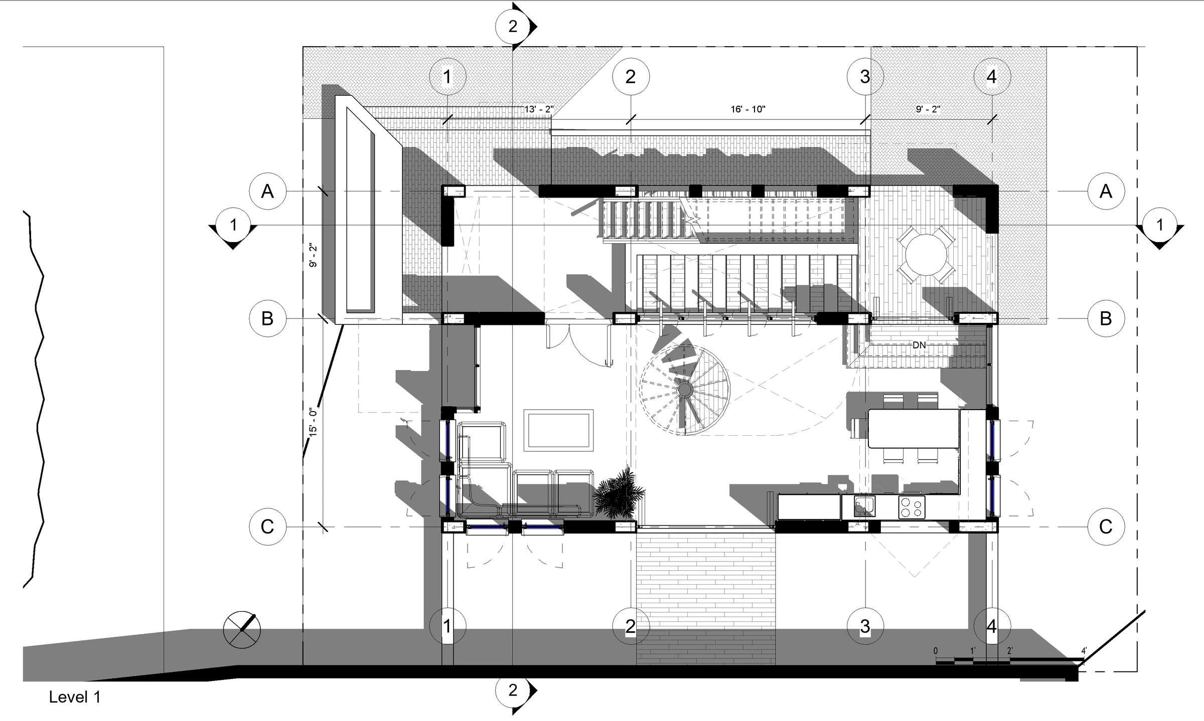 Level 1 plan: living and seating area to the south-west, kitchen and dining to the south-east, helical spiral stair at centre, straight jali corridor stair at the rear, brick walls throughout