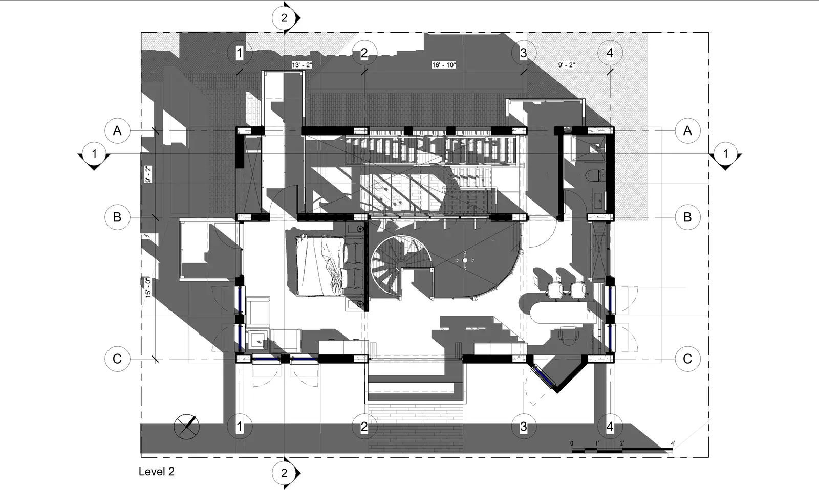 Level 2 plan: studio desk space to the east, bedroom to the west, upper landing at the jali corridor stair, balcony to the south