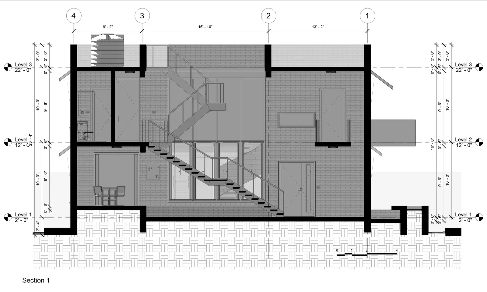 Section 1: longitudinal section through the main volume showing three levels, straight stair in the jali corridor, floor-to-floor heights, roof and foundation depths