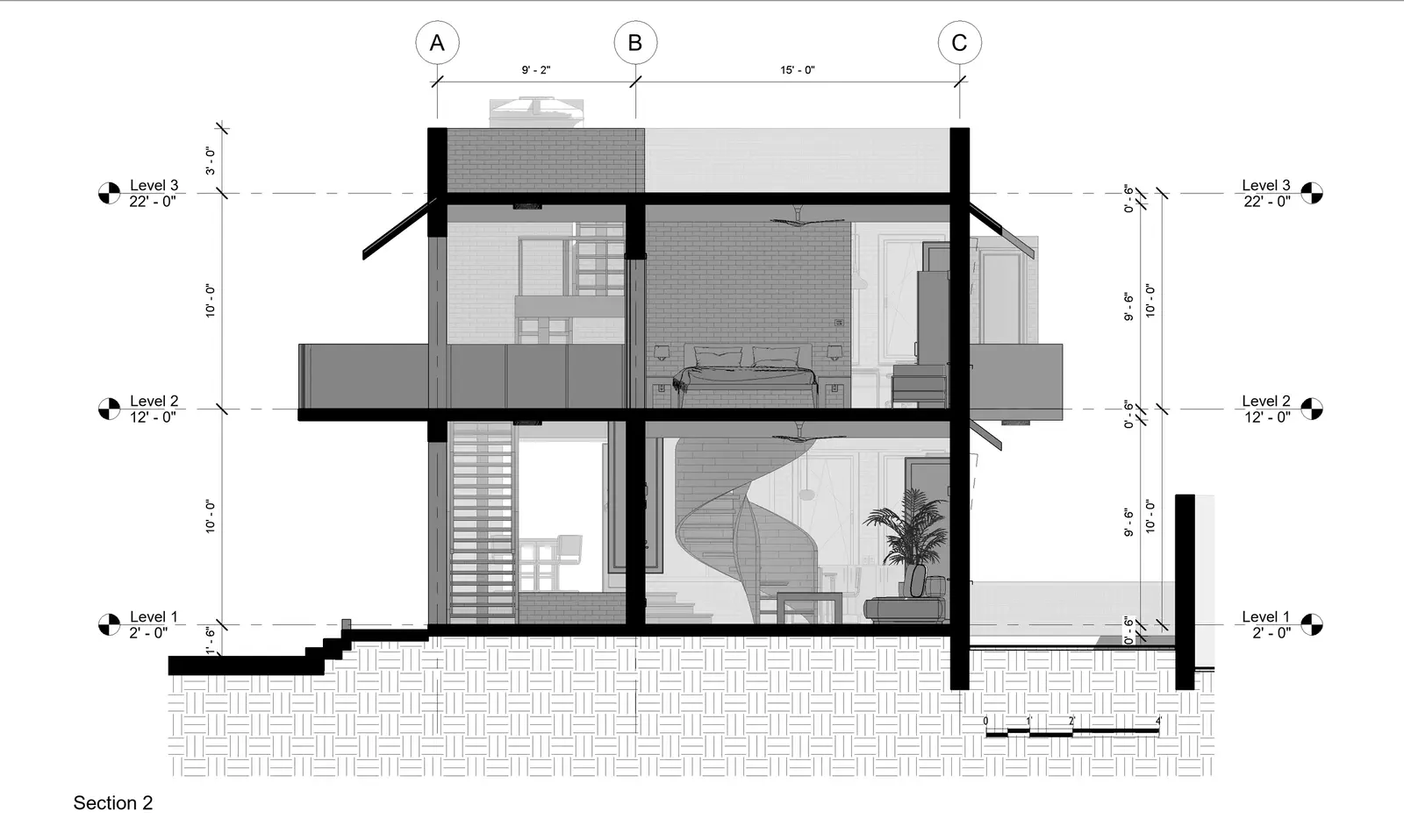 Section 2: cross section through the building showing the relationship between the main volume and the jali corridor, structural brick walls, floor plates