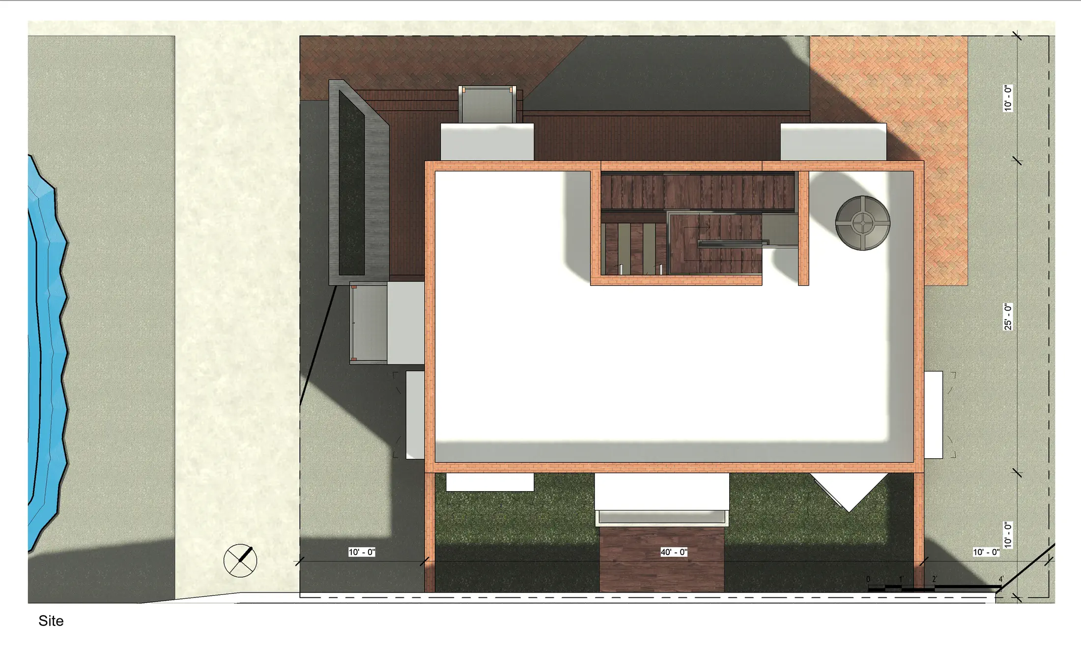 Site plan: compact atelier footprint within the Notuner Shanti Nibash compound, pond to the west, garden on all sides, road to the south