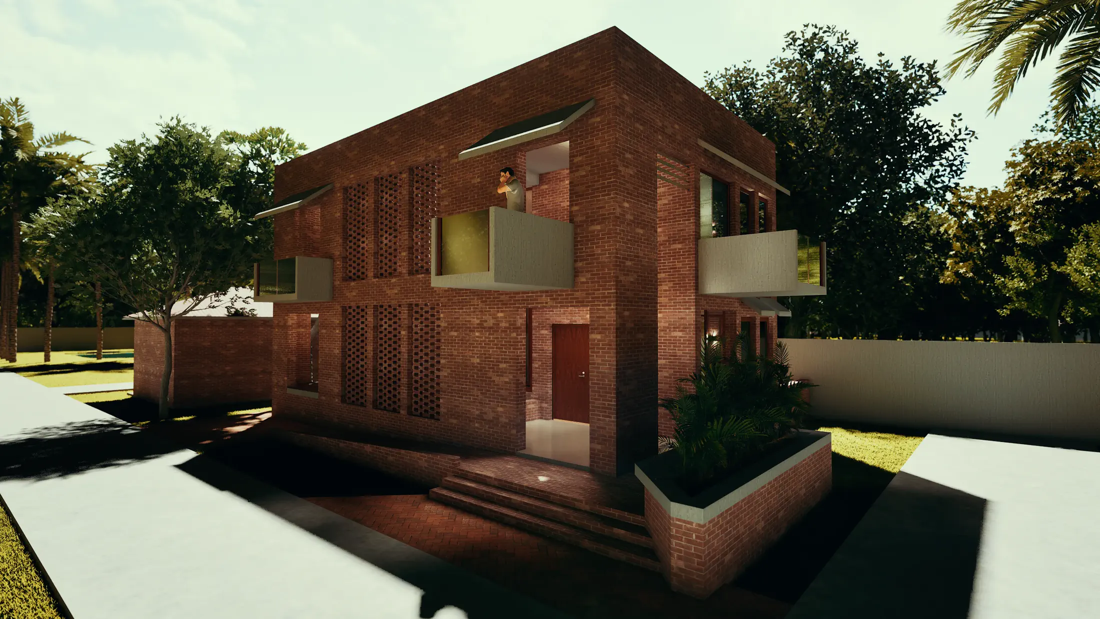 Front facade from the approach: two-storey exposed brick volume, central jali screen panel, entry steps, cantilevered shade canopy, lush garden setting