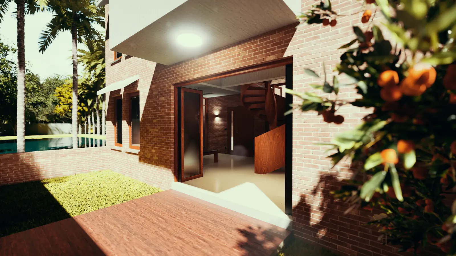 Garden terrace: rear facade opens through full-height timber doors to a brick-paved terrace, orange tree in the foreground, pond and compound beyond
