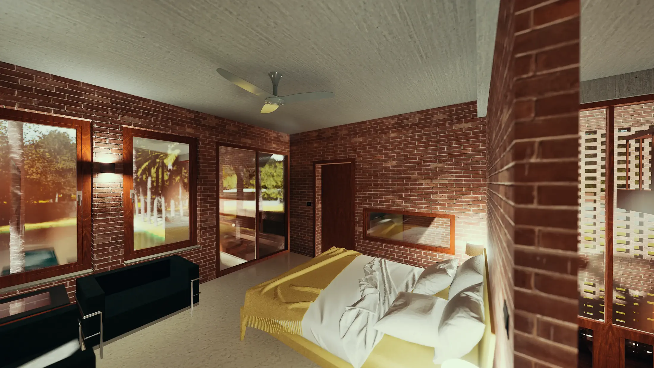 Bedroom: double bed against the exposed brick wall, jali screen to the right admitting filtered light, large timber-framed window to the garden, dark timber wardrobe opposite