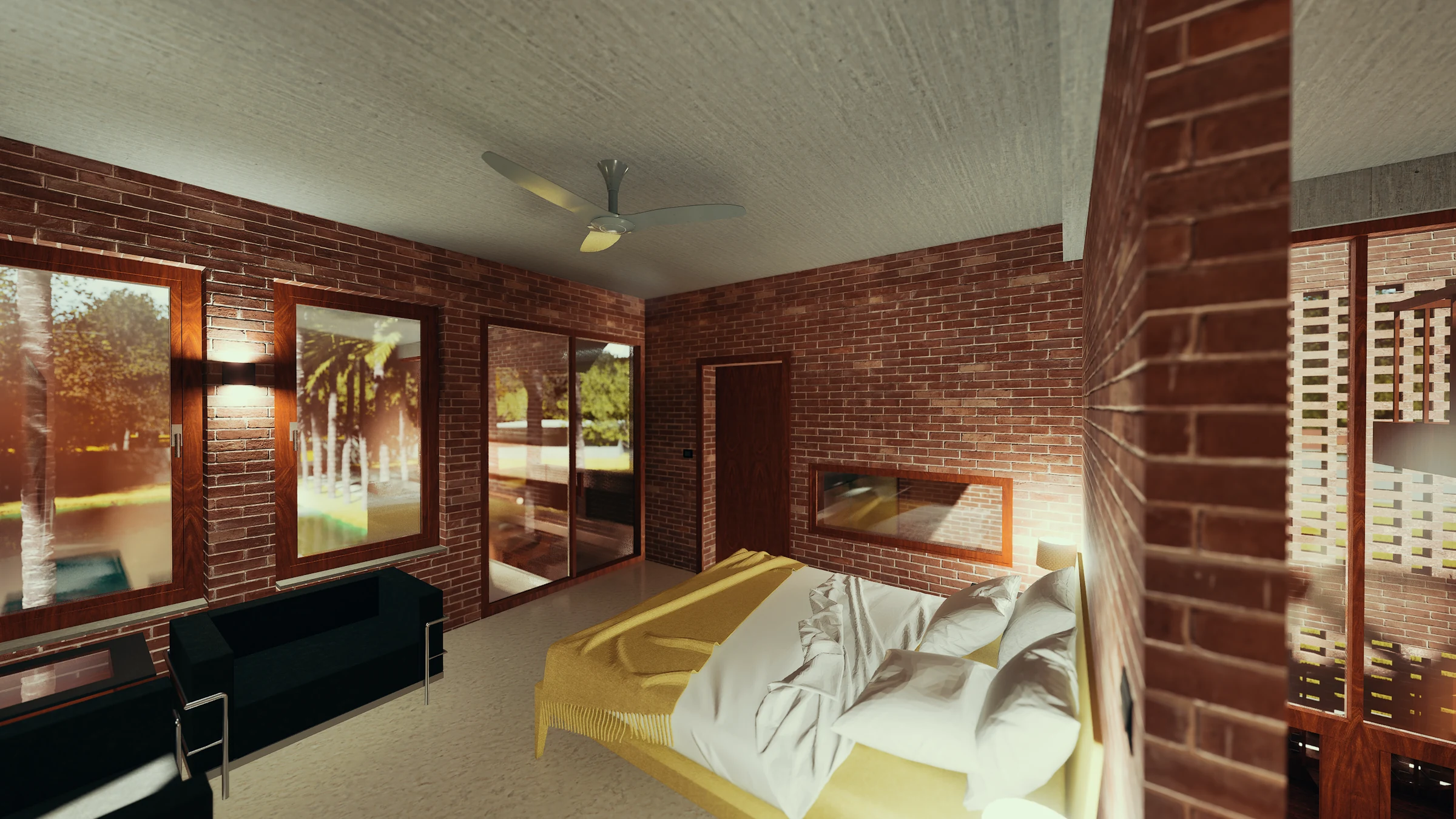 Bedroom: double bed against the exposed brick wall, jali screen to the right admitting filtered light, large timber-framed window to the garden, dark timber wardrobe opposite