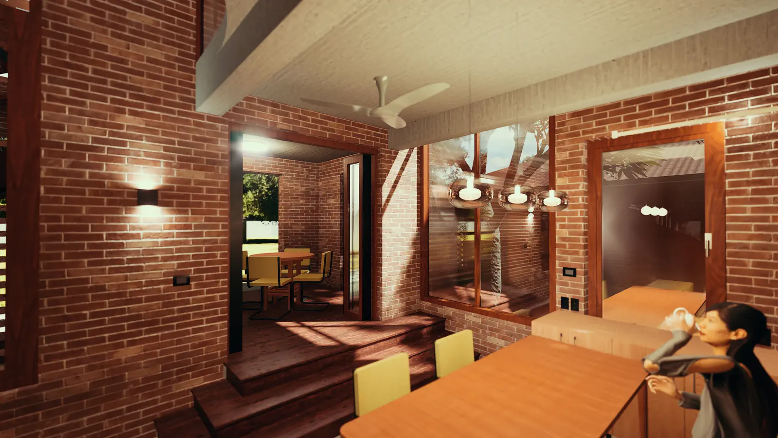 Dining area looking toward the garden terrace: brick walls on three sides, timber dining table and yellow chairs, stepped terrace visible through the open door, kitchen to the right