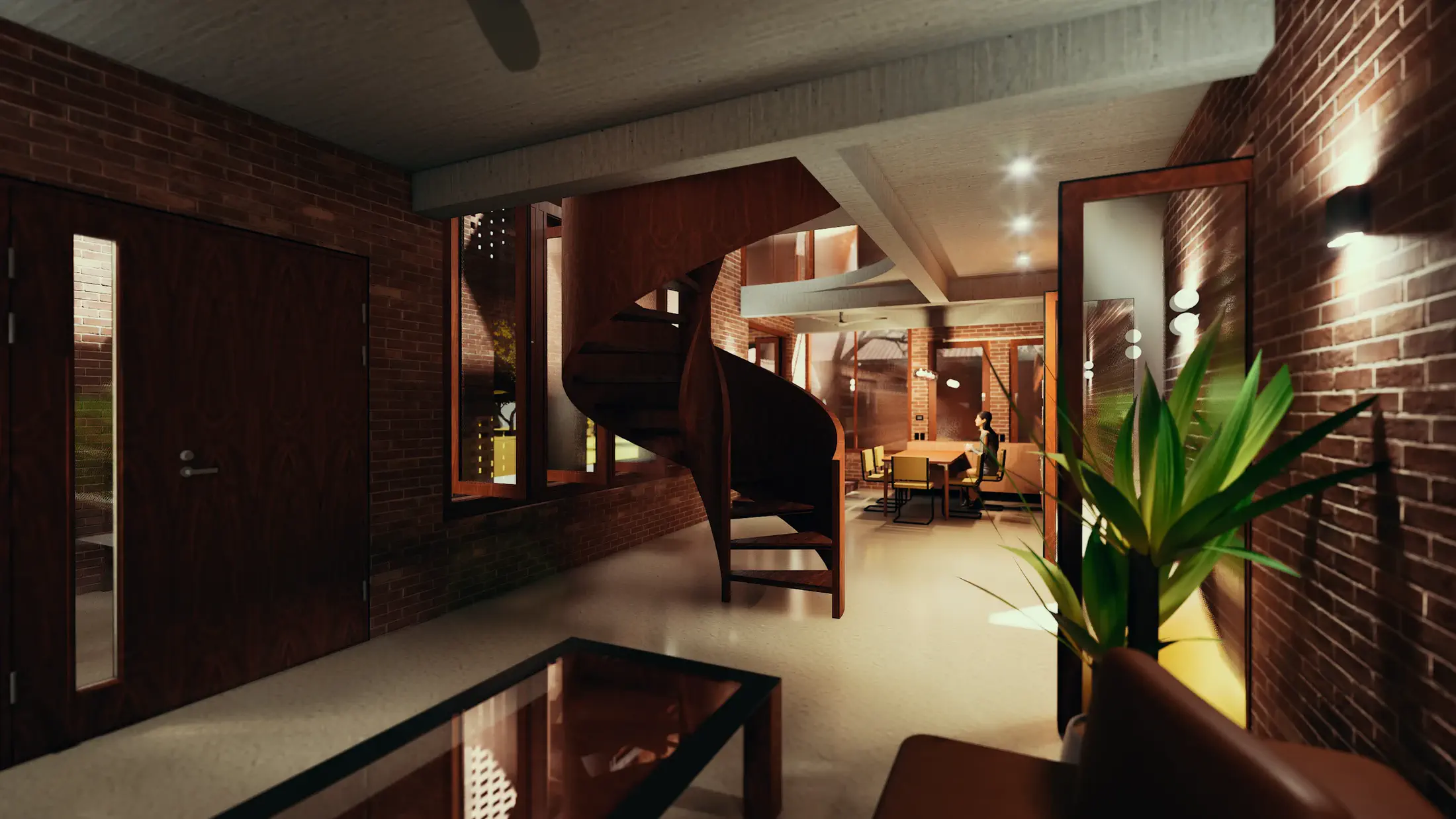 Evening view from the entry: helical timber spiral stair rises from the polished floor at the centre, dining and lounge areas visible beyond through the brick interior