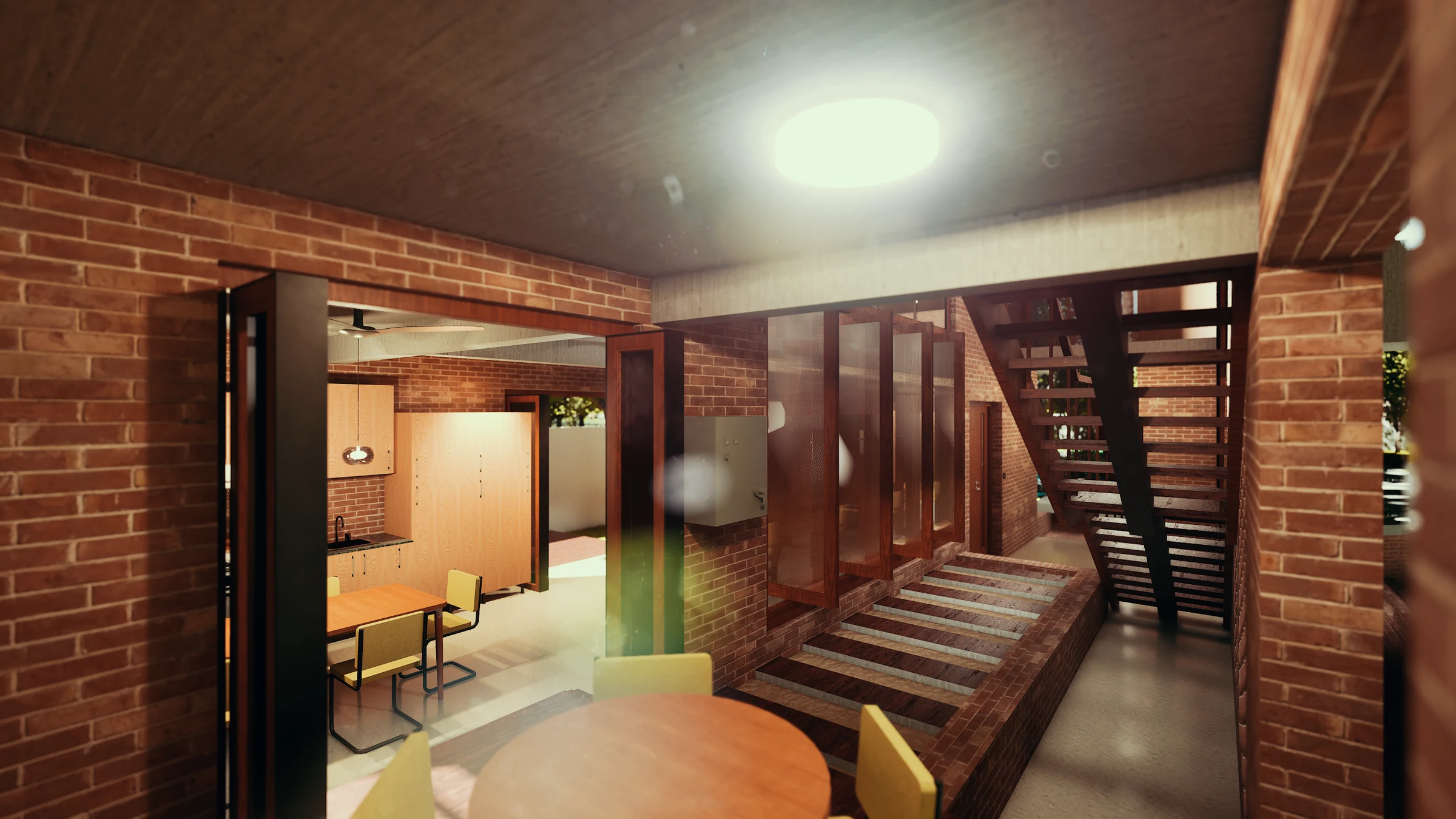 Ground floor alfresco: round dining table in the foreground, spiral stair at centre, kitchen visible through the brick opening to the right