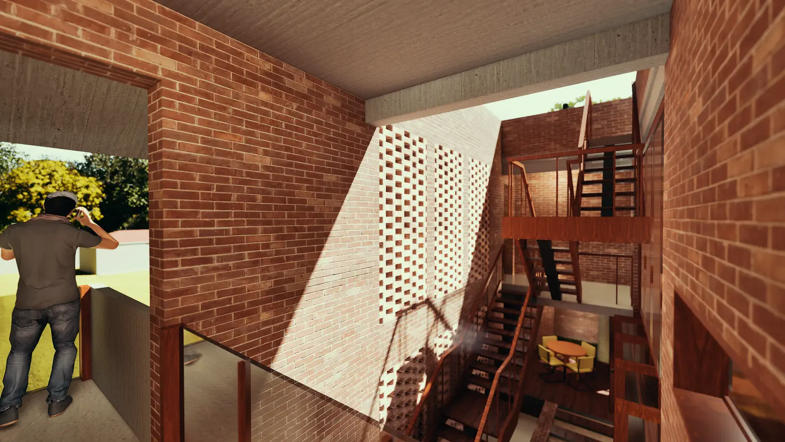 The jali corridor from the upper floor looking down: the stair descends through three levels, perforated screen to the side, dining area visible below