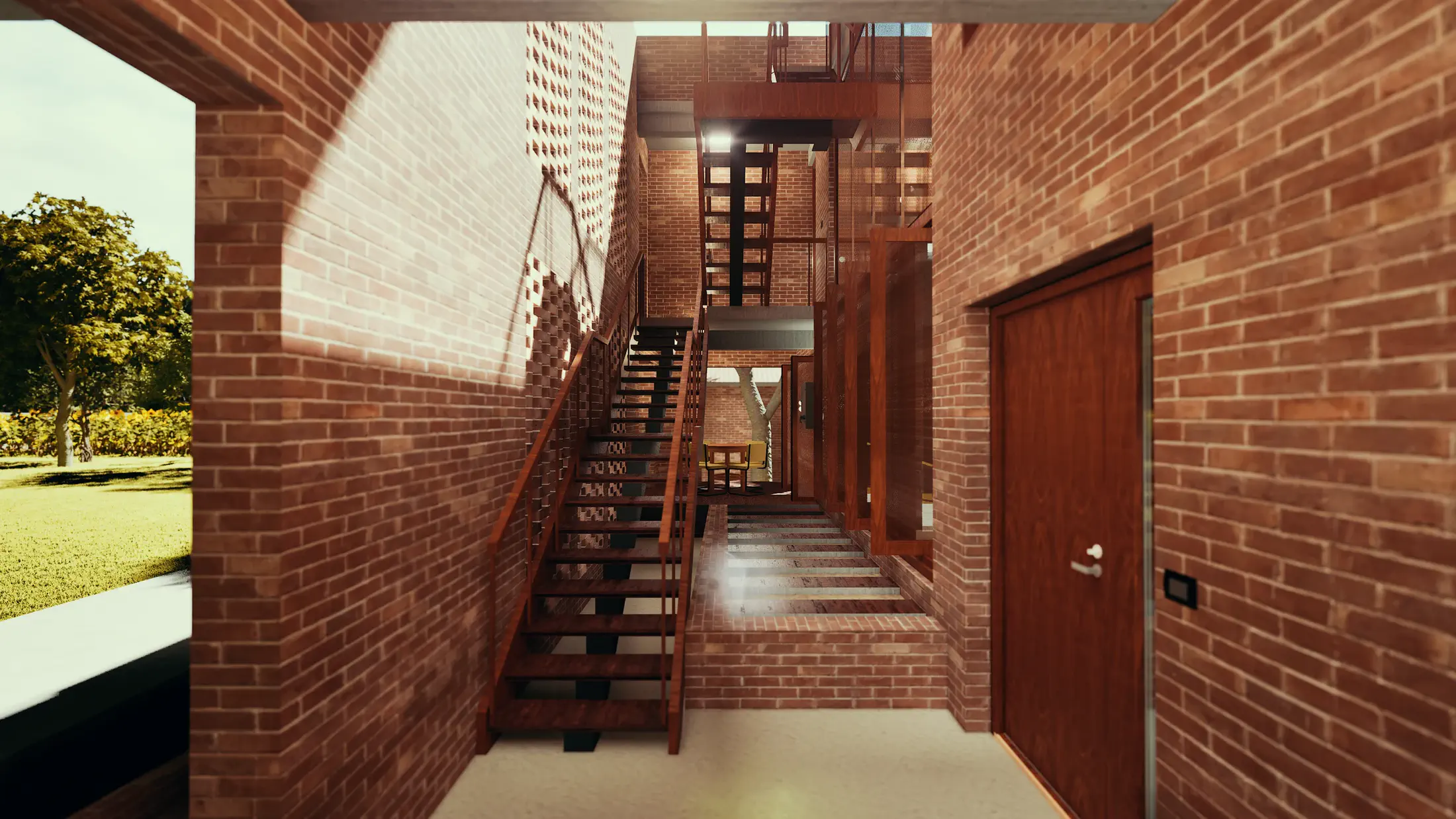 The jali light shaft corridor at ground level: straight stair rises through a narrow brick slot, perforated screen to the right admitting filtered daylight, depth of the corridor receding beyond