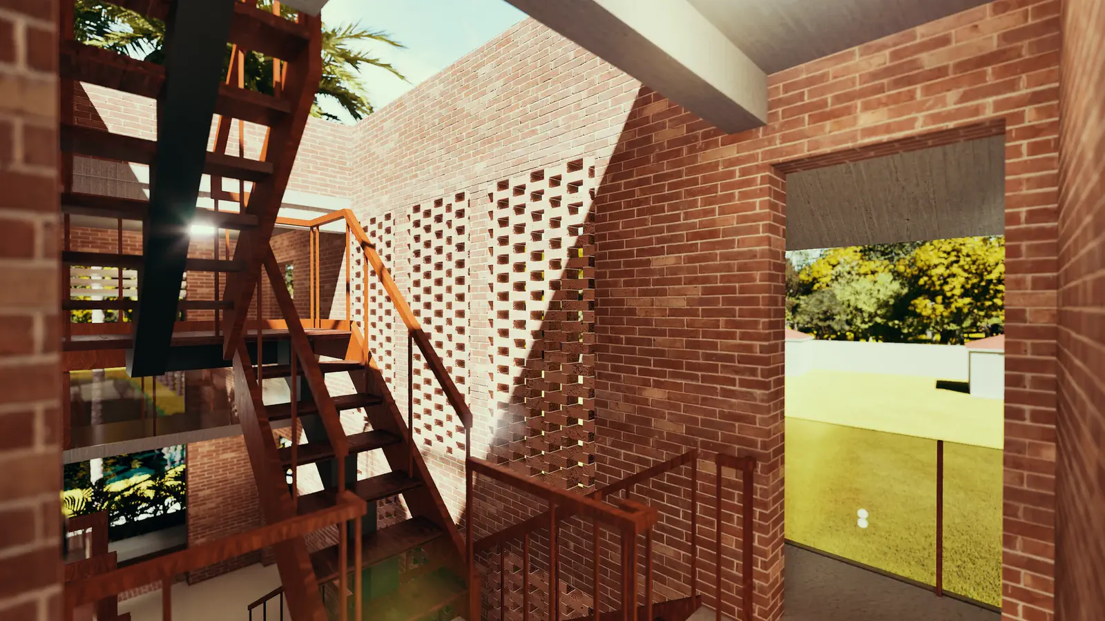 Upper landing at the jali light shaft: straight steel stair continues upward through the brick void, perforated screen to the side, brick walls enclosing the narrow vertical slot