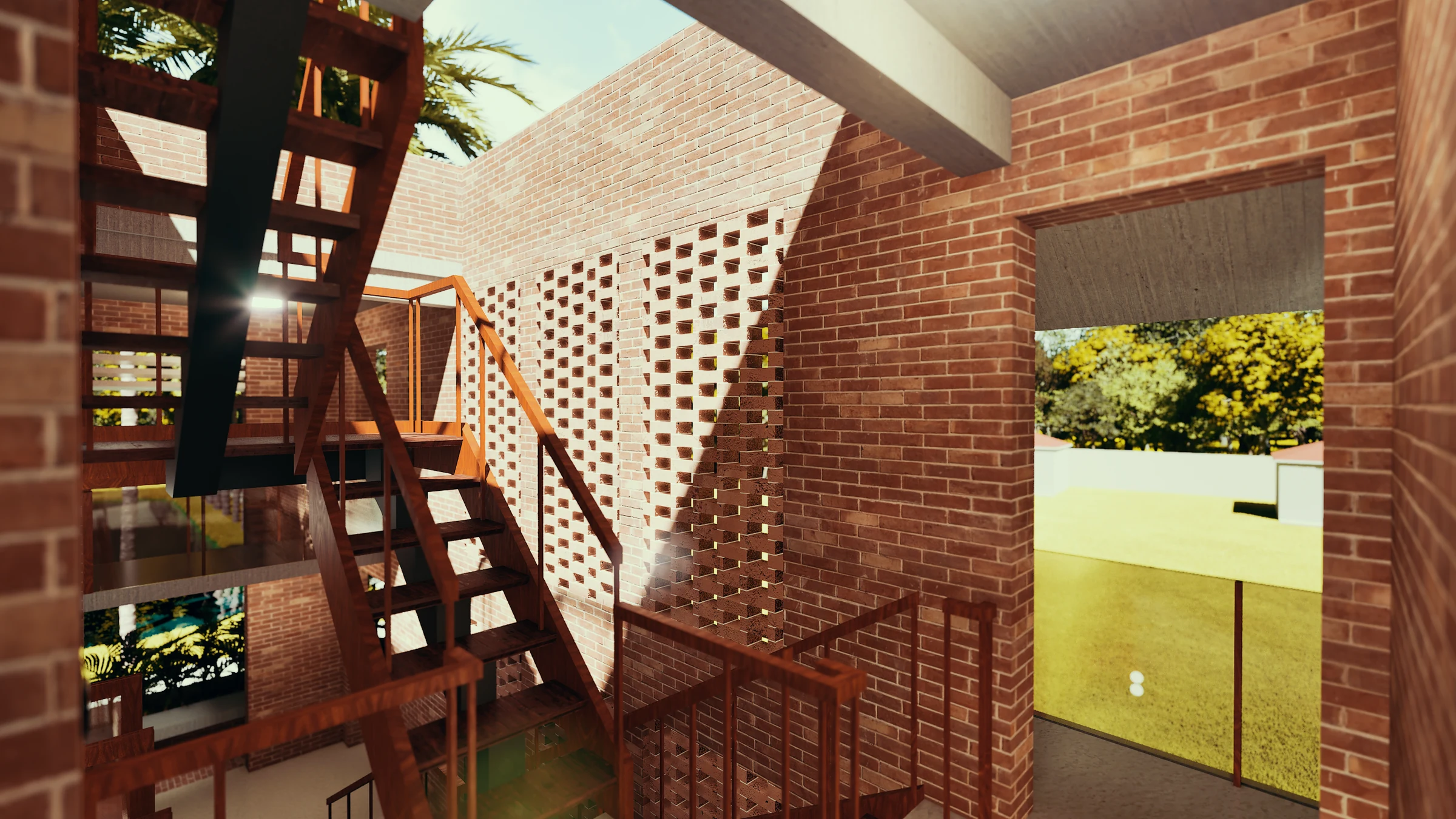 Upper landing at the jali light shaft: straight steel stair continues upward through the brick void, perforated screen to the side, brick walls enclosing the narrow vertical slot