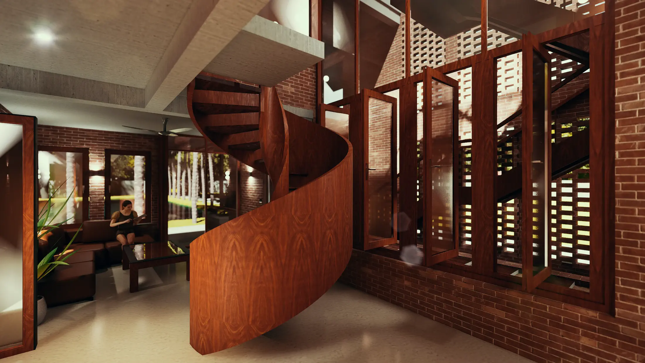 Helical timber spiral staircase viewed from the ground floor: warm grain of the curved stringer against the exposed brick wall, jali screen visible through the timber-framed window behind