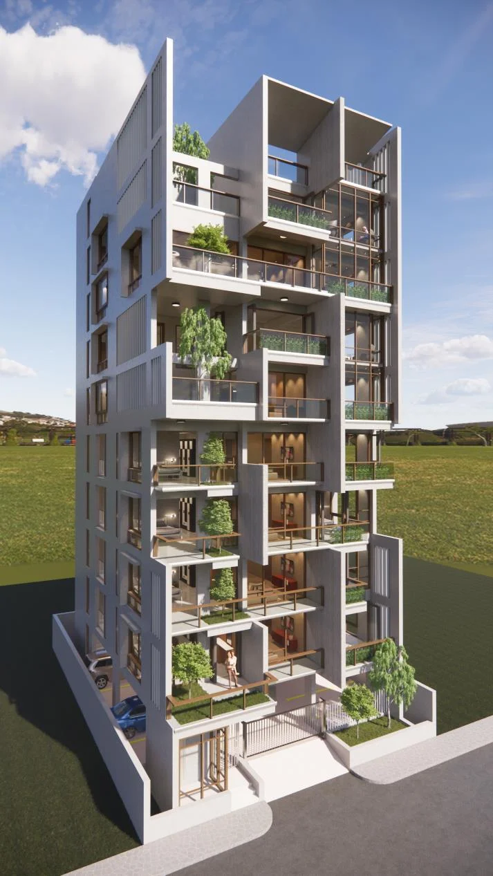Baker Residence three-quarter perspective: sectional quality revealing apartment interiors behind the recessed balcony grid, green planting threaded through balconies