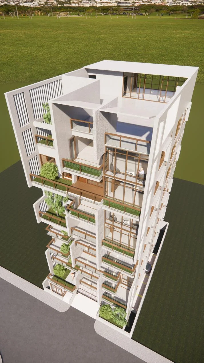 Baker Residence aerial perspective: rooftop terrace of Duplex 1 and warm timber balcony fins visible from above, landscaped surrounds