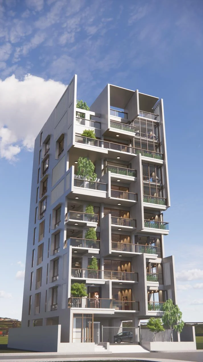Baker Residence diagonal perspective from the front-left: full building height, recessed balconies, duplex crown and parking podium all legible in one shot