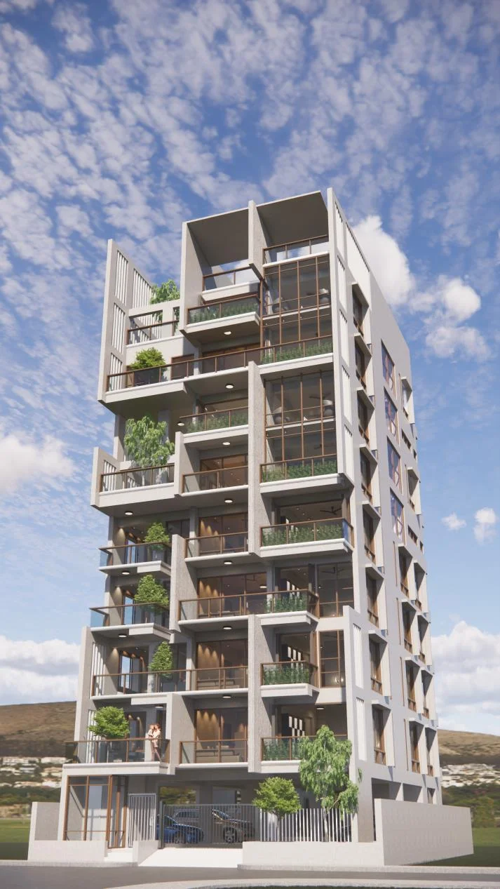 Baker Residence diagonal perspective from the front-right: timber-framed balconies and glazed facade panels reading against clear sky, cars at ground level