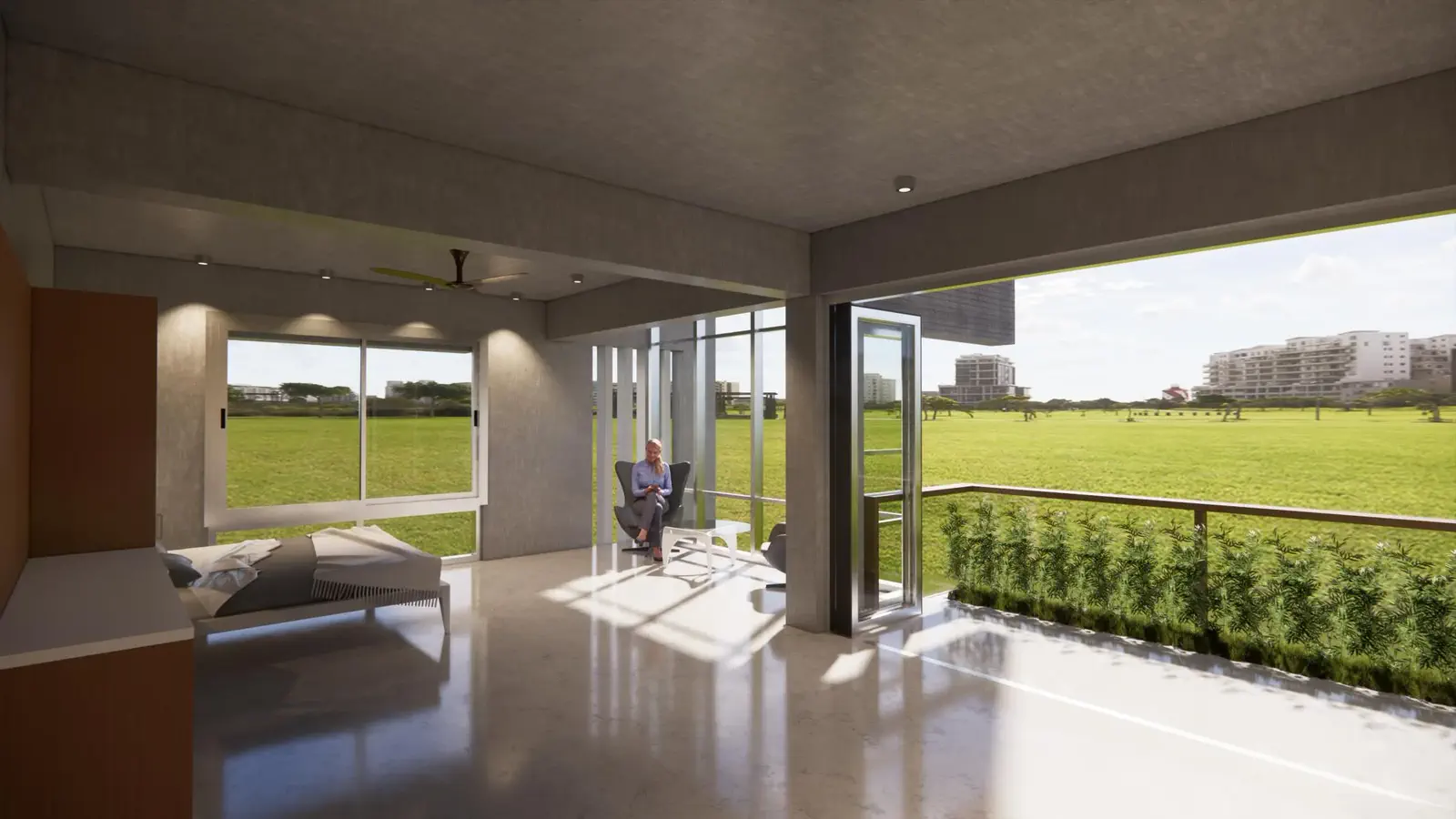 Duplex upper floor master bedroom: full-width glazing on two sides, bed and reading chair in a room that opens directly to the open fields of Jolshiri Abashon