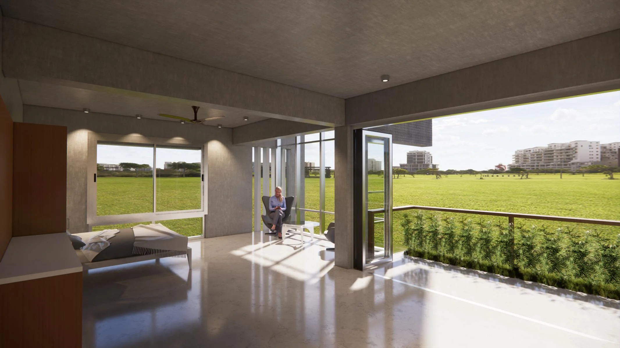 Duplex upper floor master bedroom: full-width glazing on two sides, bed and reading chair in a room that opens directly to the open fields of Jolshiri Abashon