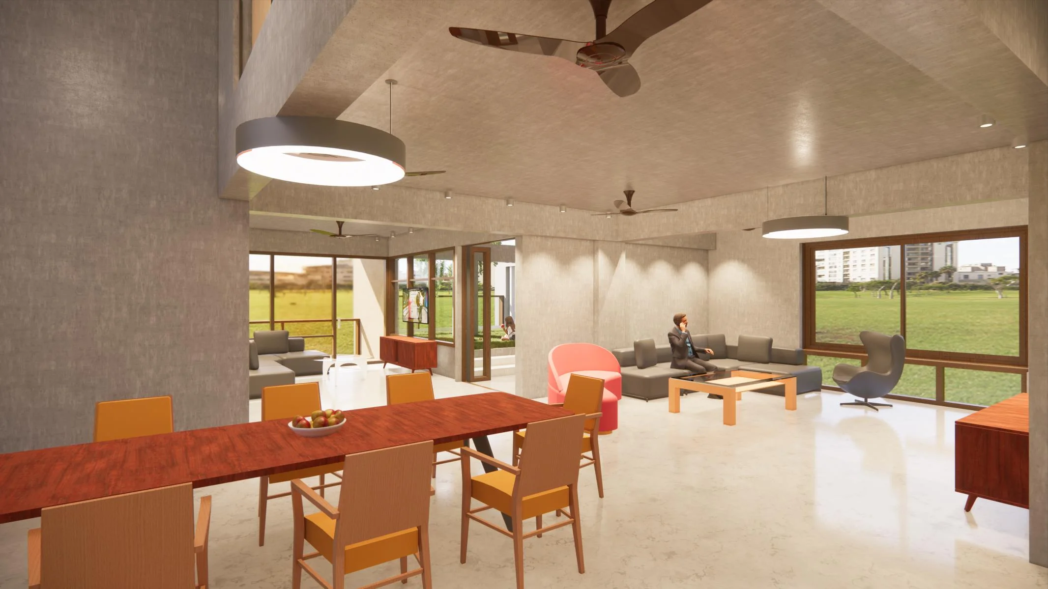 Duplex 1 living and dining: double-height exposed concrete ceiling, circular pendant lights, dining table for eight in the foreground, two lounge zones behind with views across Jolshiri fields