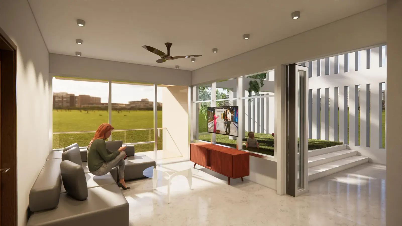Duplex 1 semi-formal living: casual sofa lounge opening directly onto the sunken terrace through a frameless glass wall, afternoon light from the boulevard