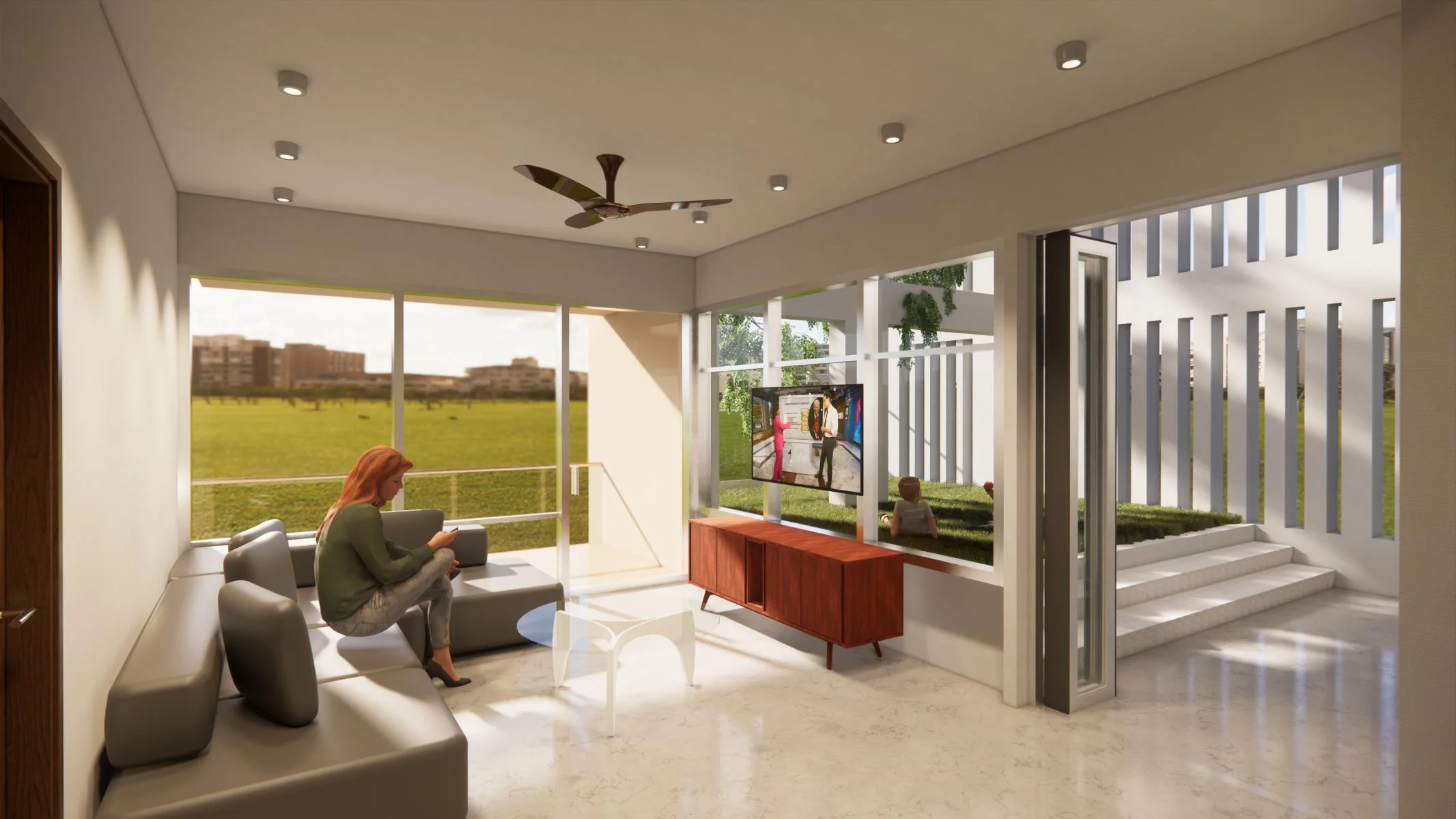 Duplex 1 semi-formal living: casual sofa lounge opening directly onto the sunken terrace through a frameless glass wall, afternoon light from the boulevard