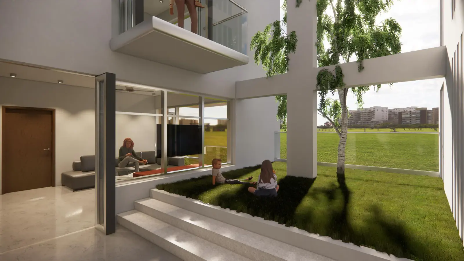 Duplex 1 terrace: sunken grass garden with birch tree at the 7th floor, children playing, semi-formal living visible through full-height glazing, upper balcony above
