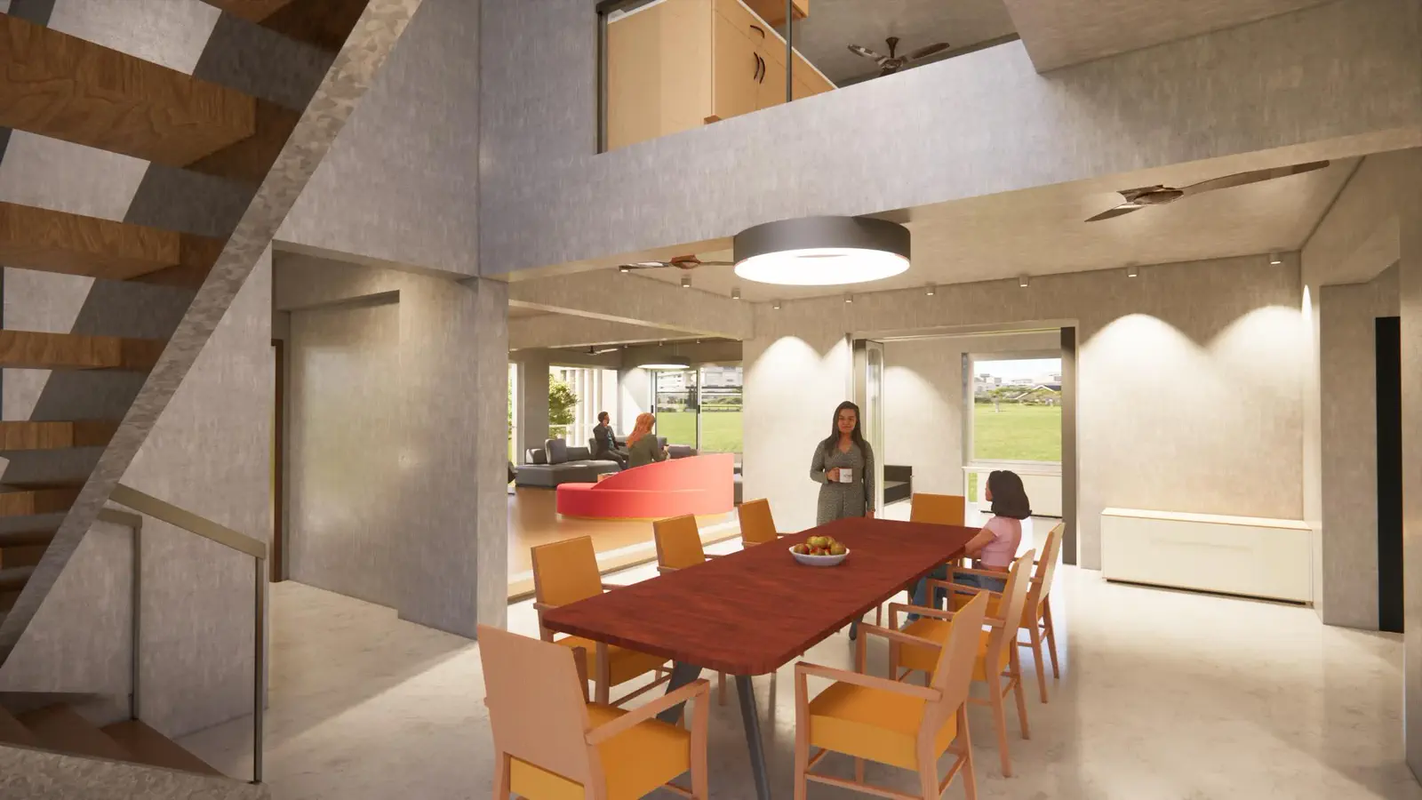 Duplex 2 dining: double-height void with timber staircase rising to the upper floor, dining table for ten, formal living visible through columns beyond