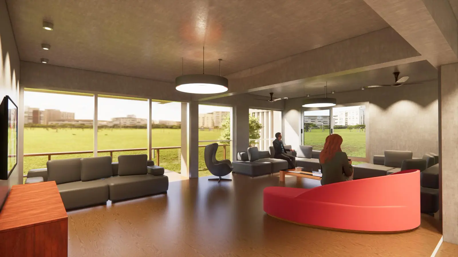 Duplex 2 formal living: panoramic floor-to-ceiling glazing across the full width, curved red accent sofa, multiple seating groups in a room scaled for receiving