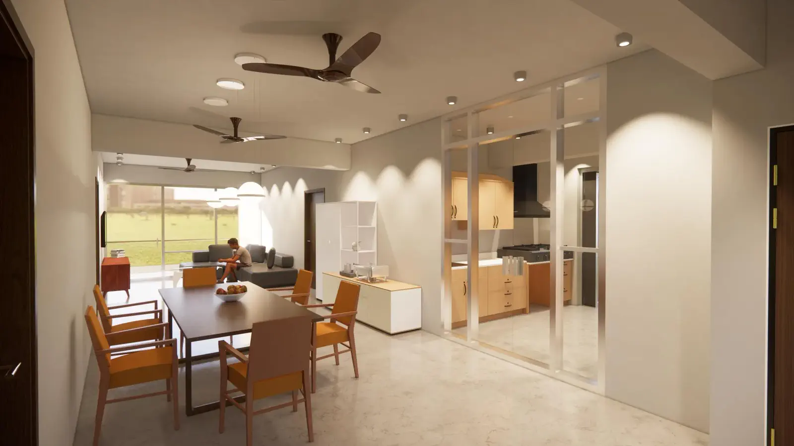 Typical floor dining and kitchen: dining table for six, family living beyond, glass-partitioned kitchen with warm timber cabinetry to the right