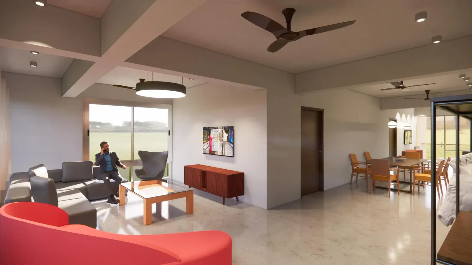 Typical floor formal living: sofa grouping and TV wall with sliding door to balcony, dining room visible beyond through open archway