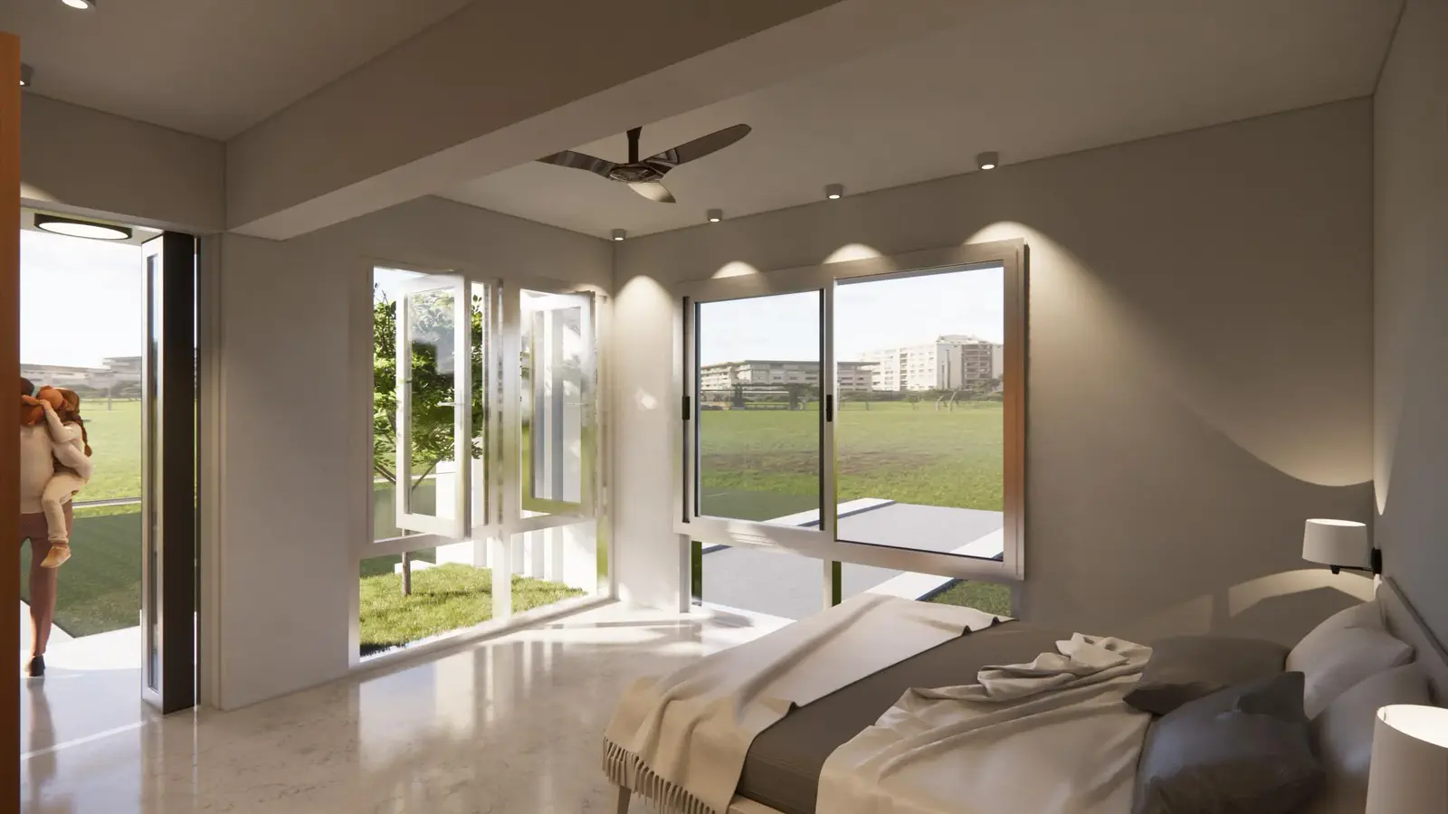 Typical floor master bedroom: corner windows on two walls flood the room with garden light, bed and reading chair visible, balcony door open