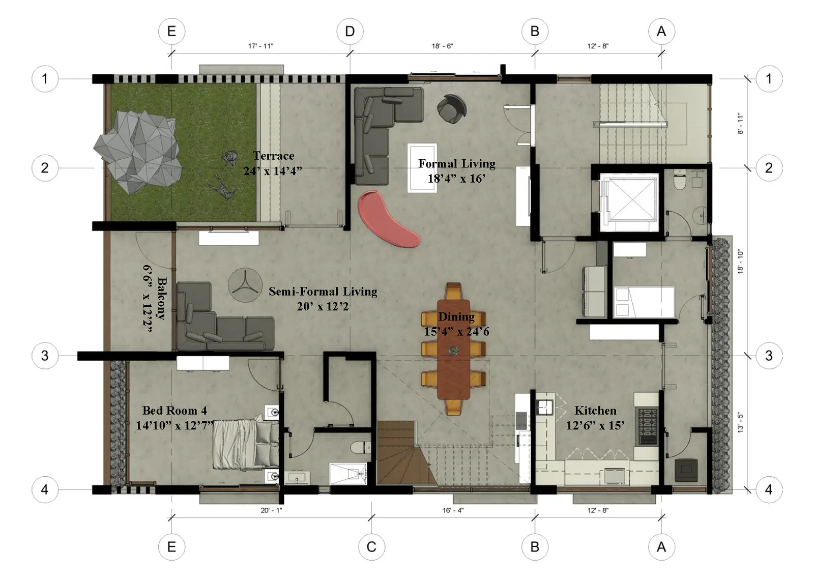 Duplex 1 level 1 plan: terrace 24 by 14 feet, formal living, semi-formal living, kitchen-dining, and bedroom 4