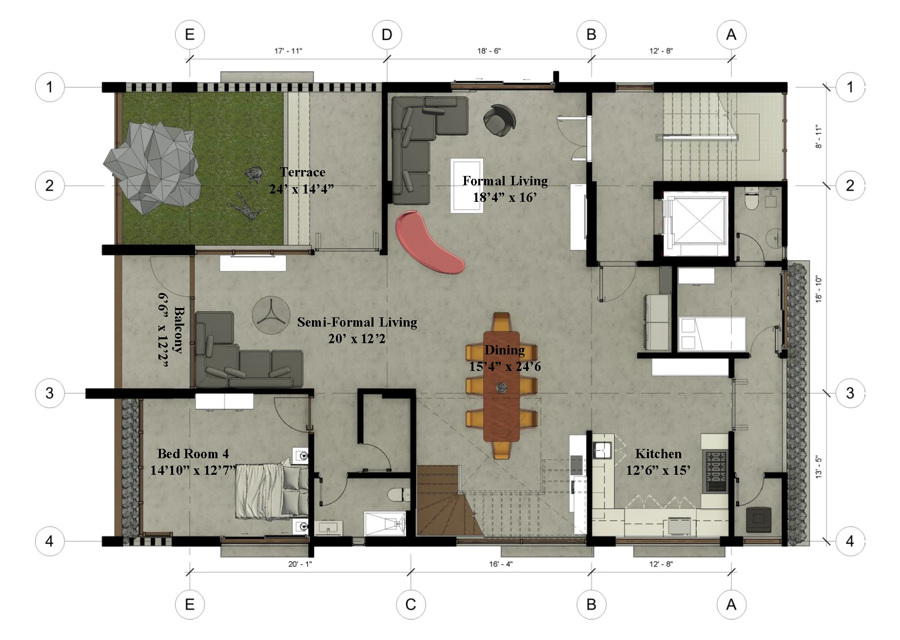 Duplex 1 level 1 plan: terrace 24 by 14 feet, formal living, semi-formal living, kitchen-dining, and bedroom 4