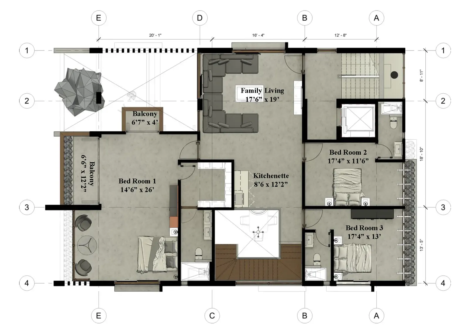Duplex 1 level 2 plan: three bedrooms, family living 17'6 by 19', kitchenette, and two balconies