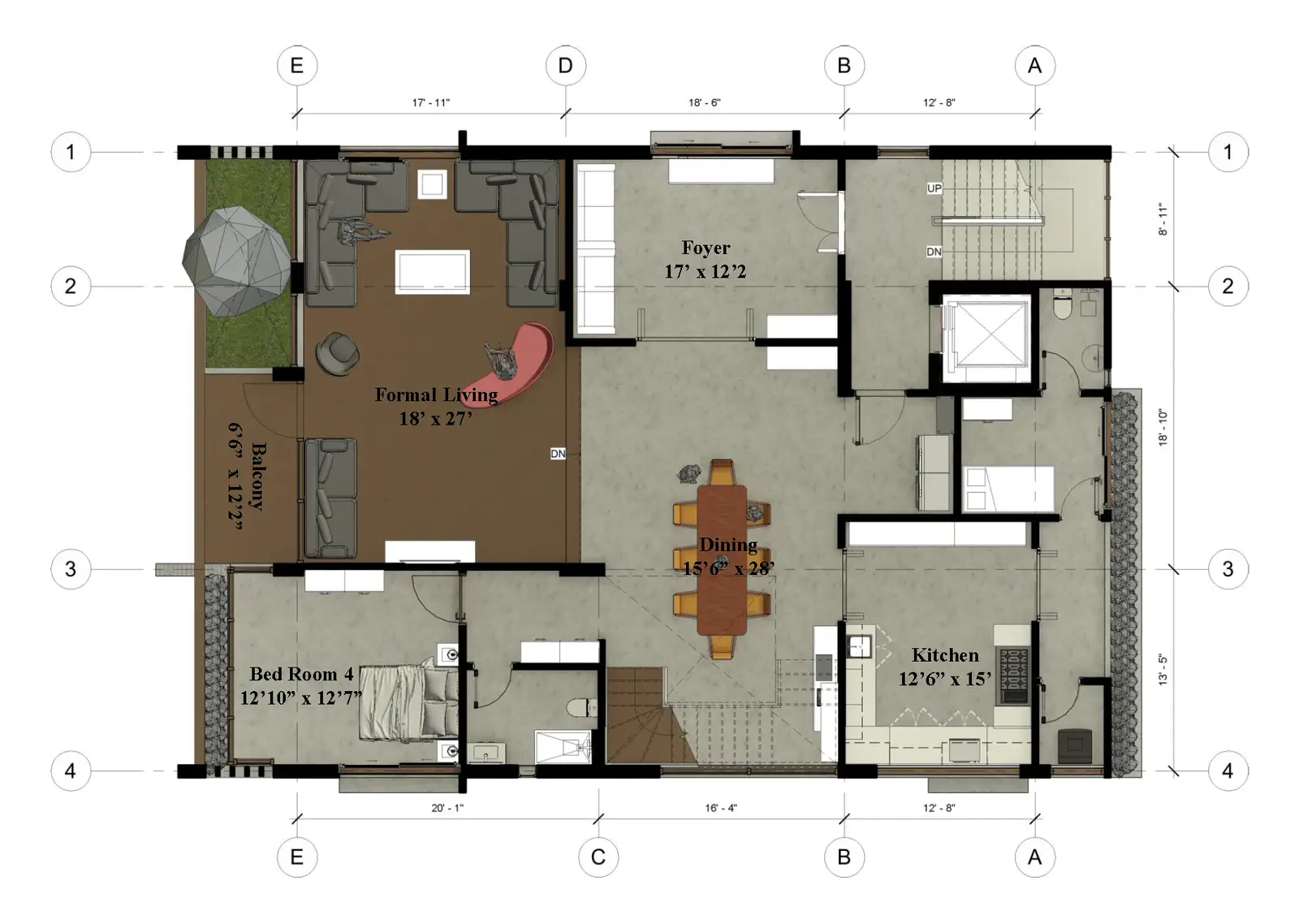 Duplex 2 level 1 plan: formal living 18 by 27 feet, foyer, kitchen-dining, and bedroom 4