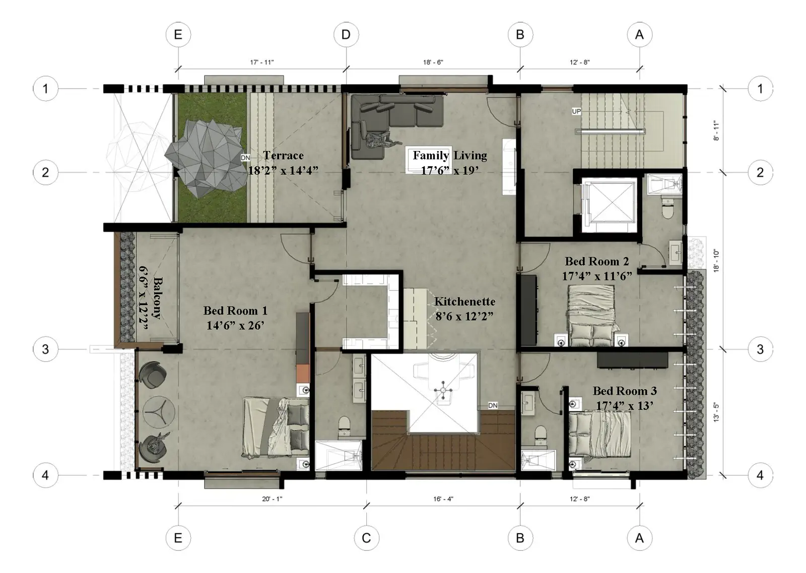 Duplex 2 level 2 plan: three bedrooms, family living, kitchenette, terrace 18'2 by 14'4, and balcony