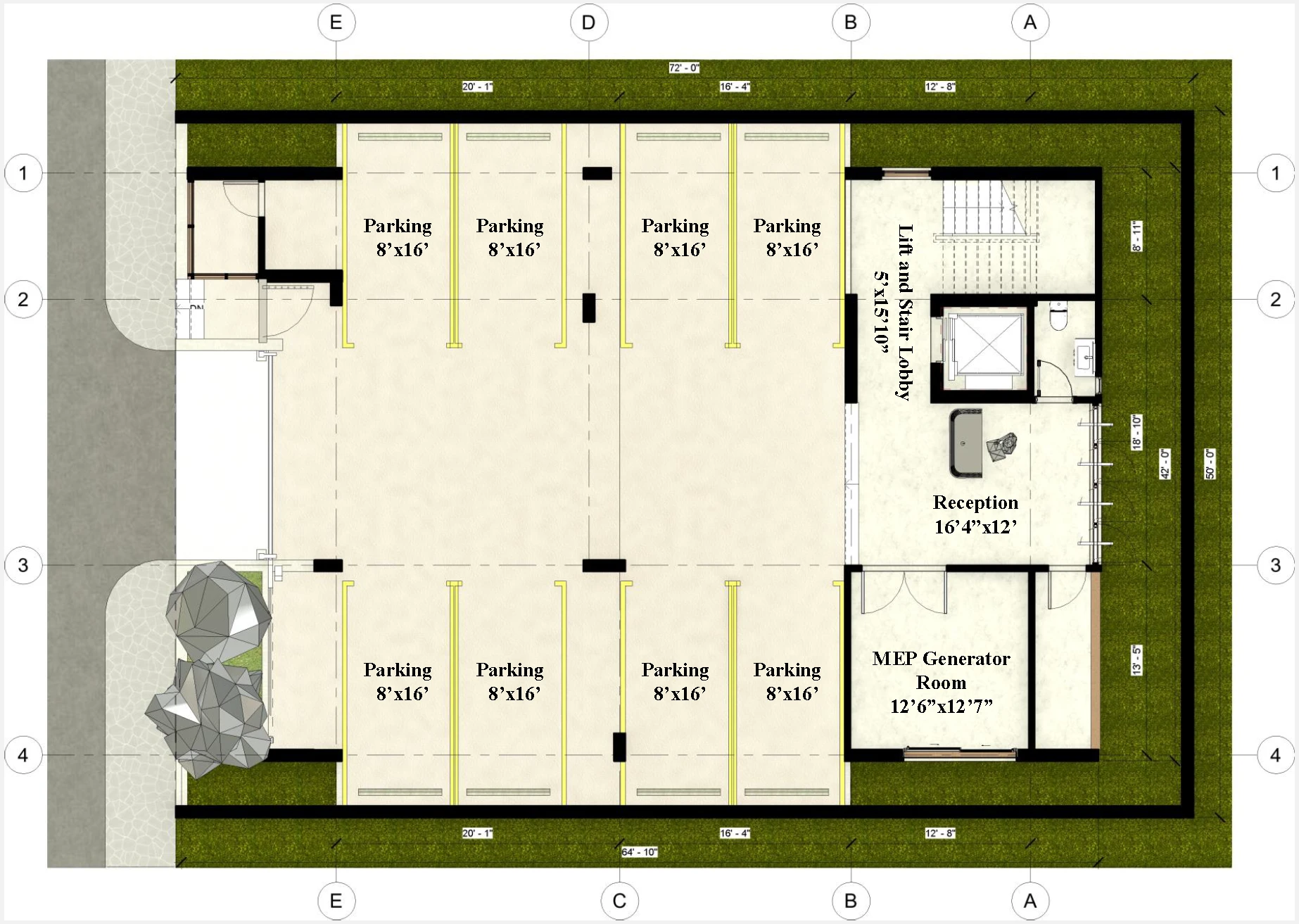 Ground floor plan: eight parking bays, reception lobby, MEP generator room, and lift and stair core