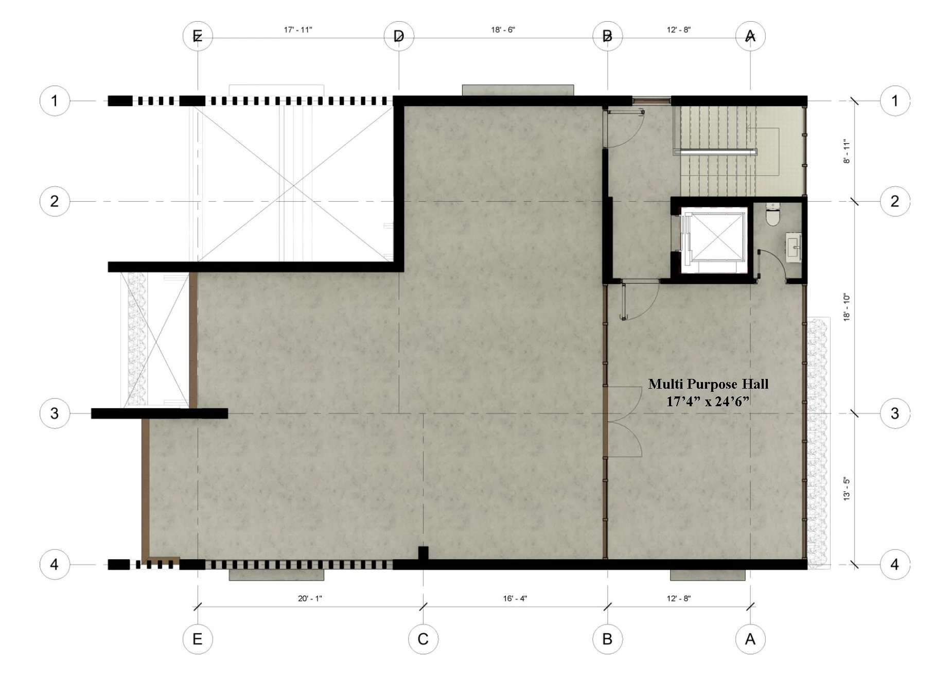 Roof level plan: multi-purpose hall 17'4 by 24'6 and roof terrace