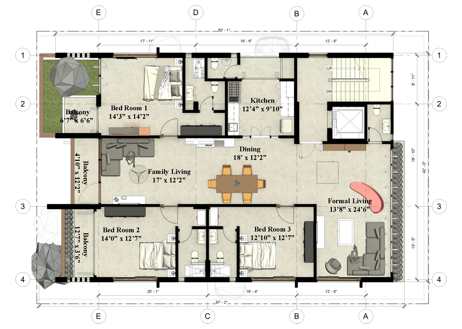 Typical floor plan: formal living 13'8 by 24'6, three bedrooms, open dining-kitchen-family living sequence, three balconies