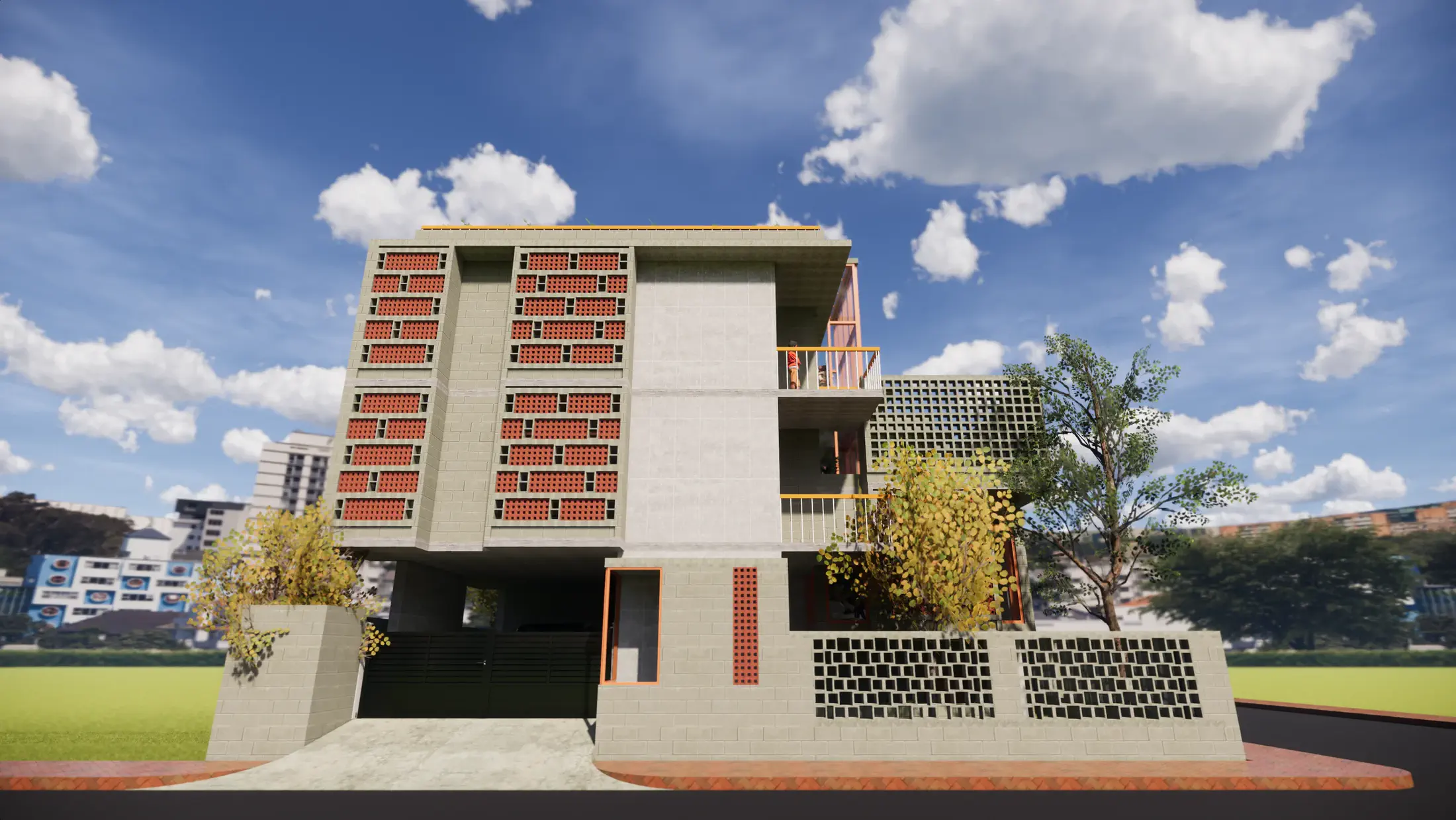 Bithica street elevation: four-storey brick and concrete block facade with coursed red brick jali panels, orange steel balcony frames, gate and driveway at ground level, trees flanking