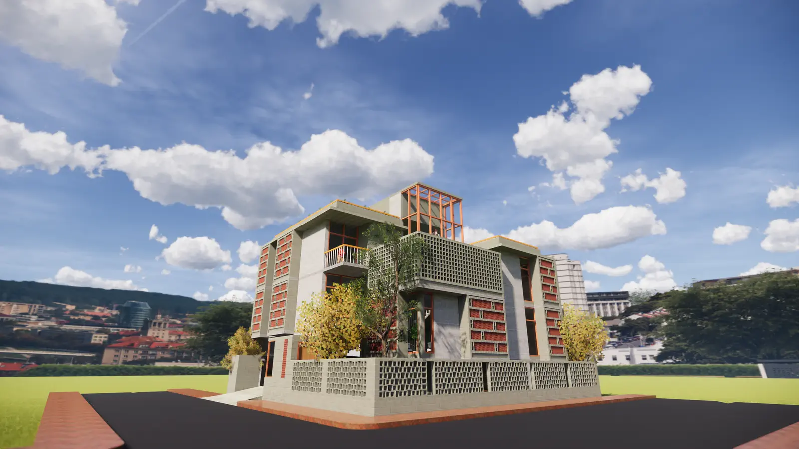 Bithica corner perspective from the south-west: full building height visible, brick jali screens and concrete block alternating across facade, rooftop volume and green roof legible