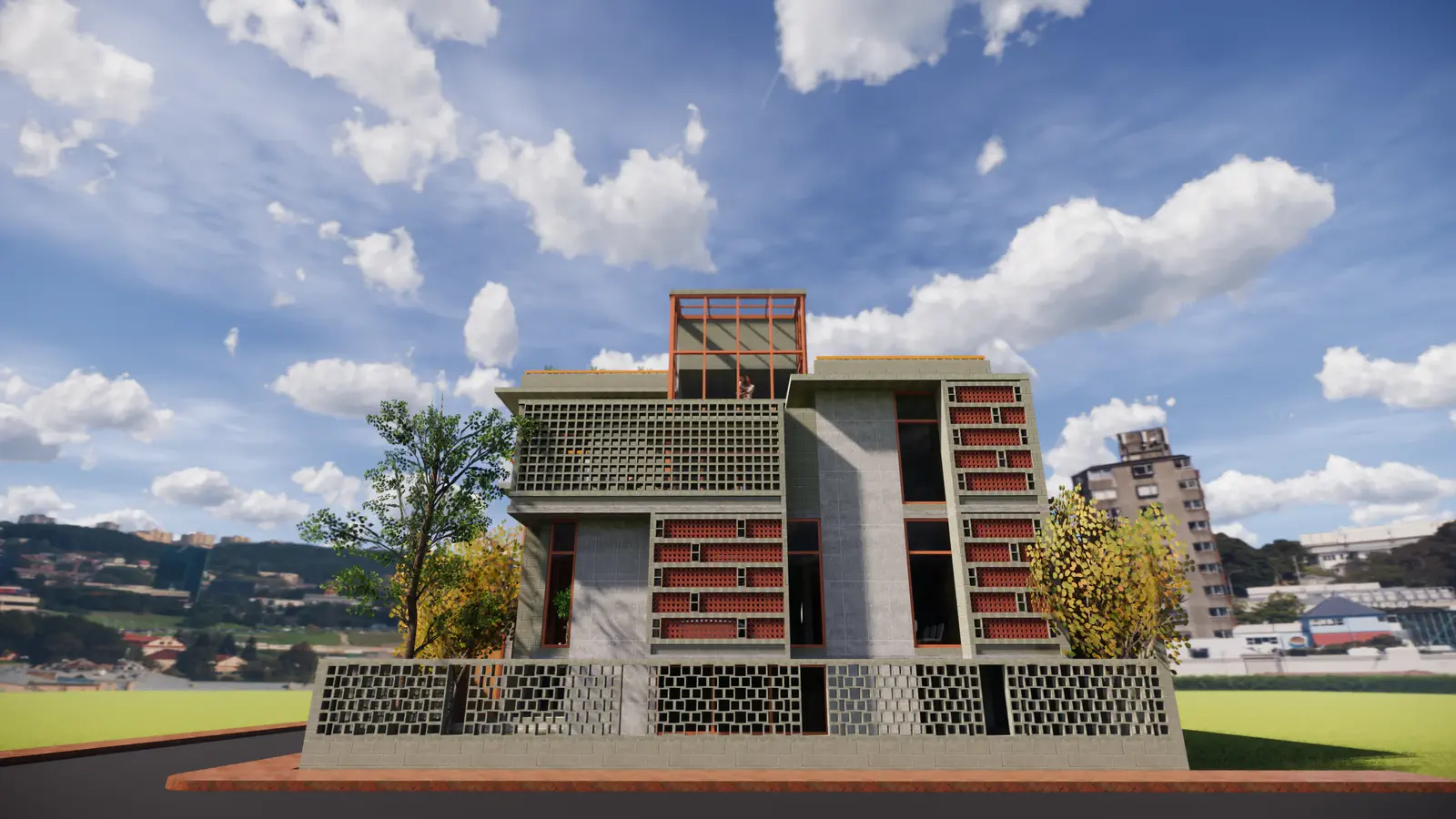 Bithica east elevation: the stepped massing read from across the street, concrete block base giving way to brick jali panels above, orange frames marking each floor level