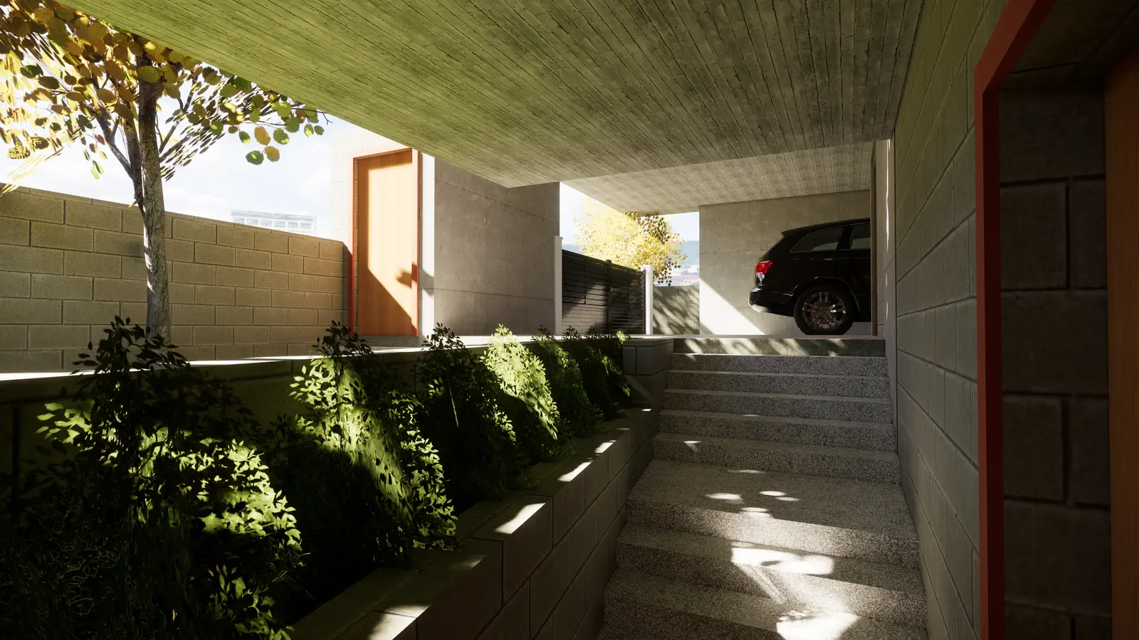 Entry passage along the semi-basement garden: raked concrete ramp descending to the driveway, planted bed to the left, orange door frame marking the entry, dappled afternoon light