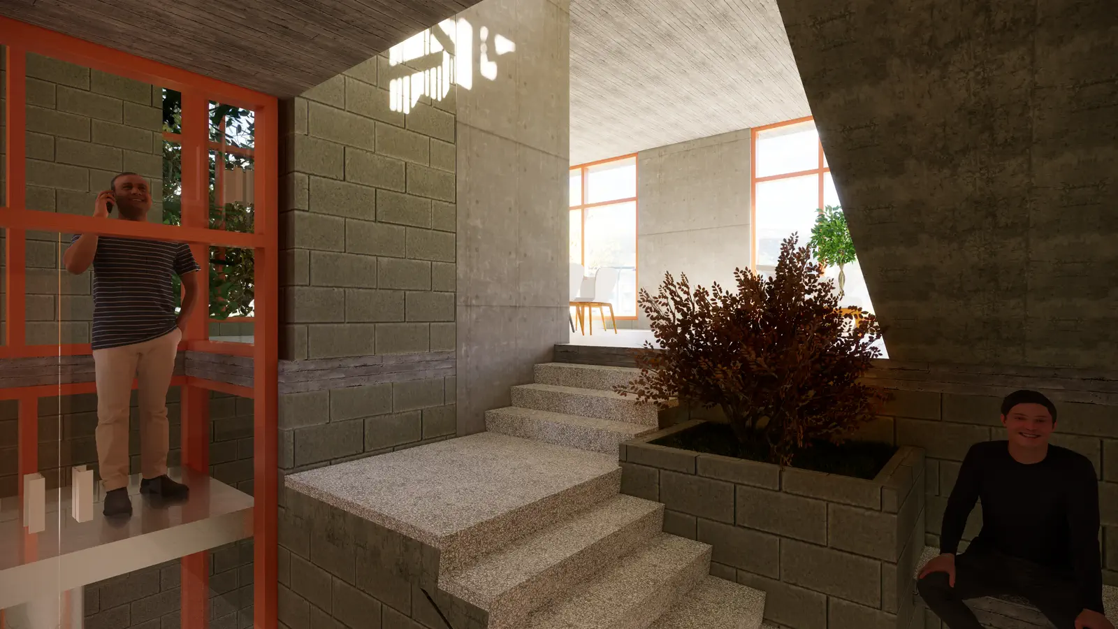Ground-floor foyer and stair: granite steps rising to a landing, planter at the turn, concrete block walls catching raking light from a high clerestory, two figures pausing on the stair