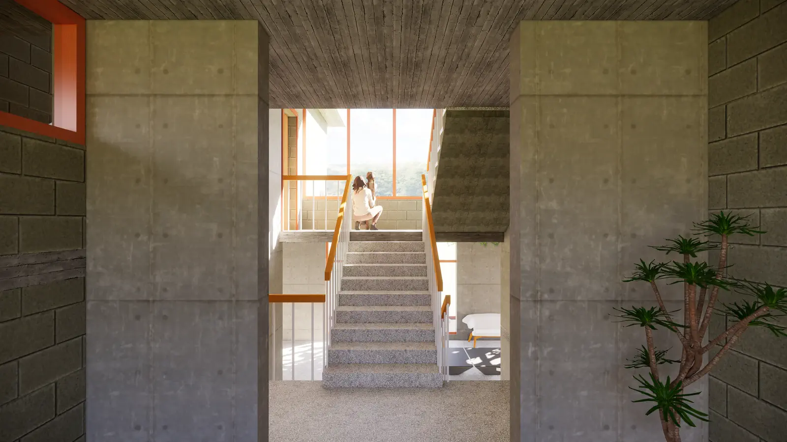 Mid-stair threshold: framed view through a concrete block opening to the stair beyond, golden handrail, a figure seated on an upper landing, plant at floor level