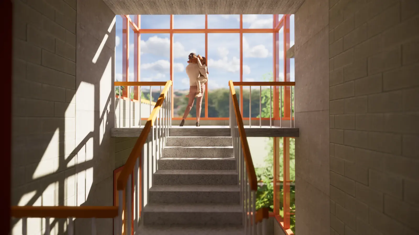Upper stair hall looking toward the top-floor glazed pavilion: figure at the landing silhouetted against sky and trees, jali brick wall to the left, timber handrail on both sides